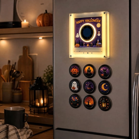 Halloween Vinyl Record Player with Magnetic Fridge Adapter,NFC Music Box Set with Rotating Disc Night Light,Creative Holiday Desk Decor