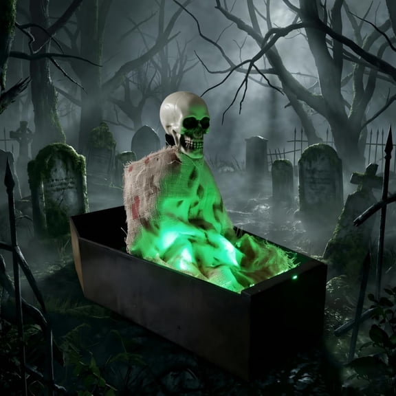 Halloween Voice Activated Animated Skeleton in Coffin, Sound Motion Sensor Haunted House Prop with Green LED Glowing Eyes, Scary Skull Ghost Decor