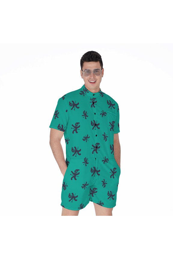 Halloween Voodoo Doll Pattern Short Sleeve Men'S Rompers, Halloween Decorative Casual Summer Jumpsuits Outfit