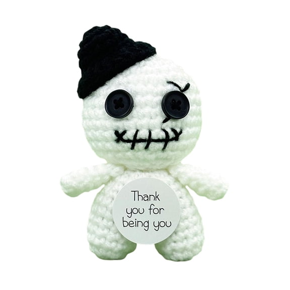 Halloween Voodoo Ghost Doll, Handmade Crochet White Ghost Figurine with Black Hat, Positive Emotional Support Doll with Thank You Card for Tabletop Home Party Holiday Decor & Gift