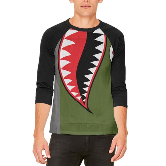 Halloween WWII Flying Tiger Fighter Shark Nose Art Mens Raglan T Shirt White-Black SM
