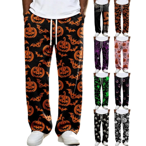 Halloween Waffle Pajama Pants for Men Big and Tall Plus Pumpkin Drawstring Loungewear Funny Baggy Cute Goth Family Pj Pants Blue 2XL