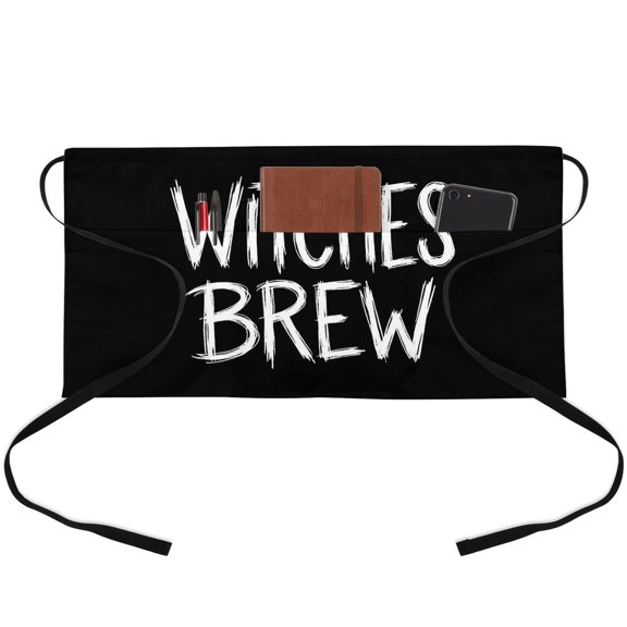 Halloween Waitress Apron with 3 Pockets, Fall Spooky Horror Letters Witches Brew Black Server Aprons Waterproof Kitchen Restaurant Half Waist Apron for Men Women
