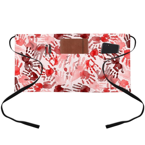 Halloween Waitress Apron with 3 Pockets, Scary Horror Pink Red Ombre Footprint Server Aprons Waterproof Kitchen Restaurant Half Waist Apron for Men Women