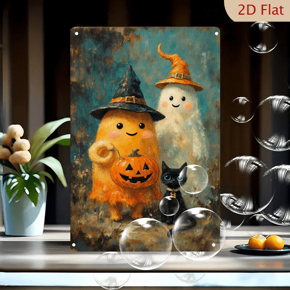 Halloween Wall Art 8x12inches Metal Tin Sign, Whimsical Painterly Ghost Pumpkin Monster Cat with Witch Hats, Cozy Autumn Canvas Style Decor for Home