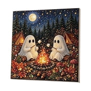 Halloween Wall Art, Cute Ghost Campfire Acrylic Painting for Indoor Home Window Decor, Sparkly Diamond Effect Panel, 8.2 Inch Fall Scene