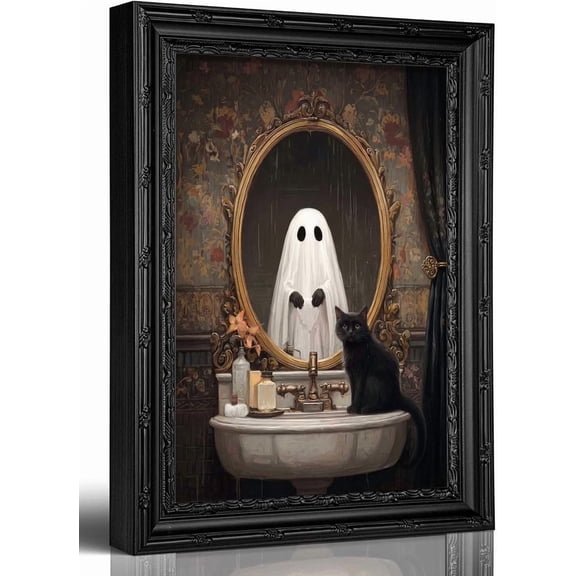 Halloween Wall Art, Ghost Black Cat Picture, Bathroom, Gallery Wall And Home Decor