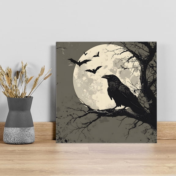 Halloween Wall Art Painting on Canvas, Horror Bat Crow Full Moon Beige Black Canvas Art Home Prints Wall Art Framed Modern Artwork for Living Room Bedroom Wall Decor 8x8in