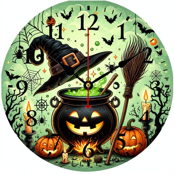 Halloween Wall Clock 9.84 Inch Battery Operated Round Analog Decorative Clock with Witch Hat Pumpkin Cauldron Spooky Design Easy to Read Numbers for Home Living Room Kitchen Bedroom Halloween Decor