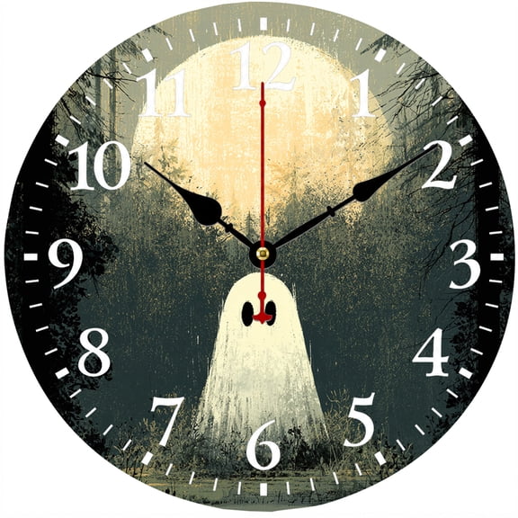 Halloween Wall Clock 9.84 Inch, Ghost Spooky Forest Round Analog Clock, Battery Operated Decorative Clock with Easy to Read Numbers for Living Room Bedroom Kitchen Office Home Decor