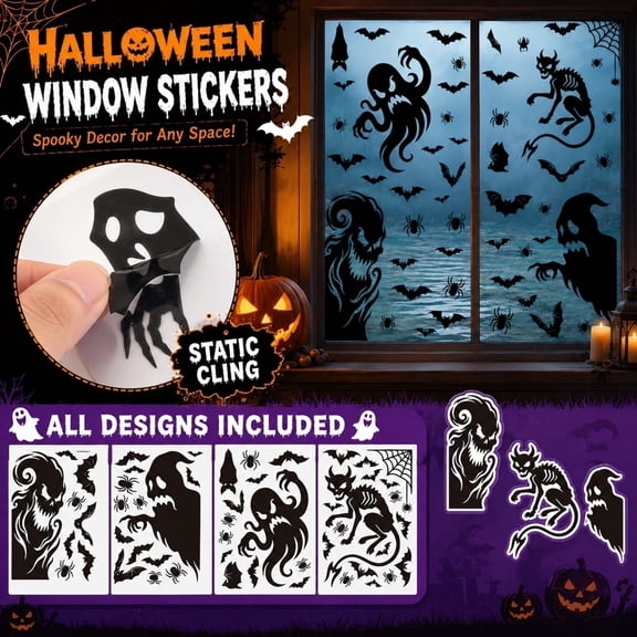 Halloween Wall Decals, Halloween Party Decorations, Bat Wall Decor, Ghost Halloween Decor, 4-Pack Black Silhouette Static Sticker Set No-Residue for Home Indoor Halloween Wall and