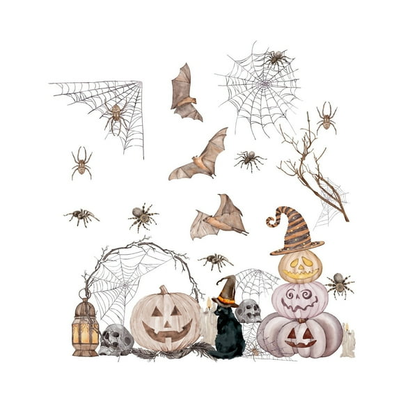 Halloween Wall Decals Set, Removable Pumpkin, Bat, Spider, Skull, Cat, Web Stickers for Home Party Decor, Easy Peel and Stick, Waterproof, Reusable Decorations for Windows, Walls, Doors, and More