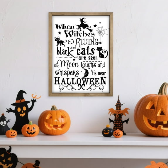Halloween Wall Decor, 15.7×11.8 Inch Wooden Witch Black Cat Sing Art Framed, Indoor Bedroom Bathroom Living Room Mantel Rustic Farmhouse Decorations for Home