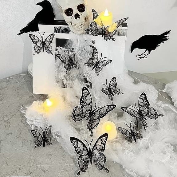 Halloween Wall Decor 3D Stereo Skull Butterfly Wall Decals Halloween Decorations Skeleton Butterflies Design Black Gothic Home Decor Halloween Wall Stickers for Door Wall Window Clings Decor 12Pcs