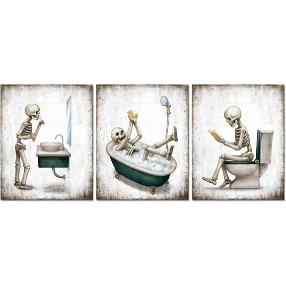 Halloween Wall Decor Cute Skeleton Vintage Canvas Art Educational Gift Idea for Bathroom Modern Gallery Wrapped Wall Art Prints Framed Ready to Hang 12"x16"x3 Pieces