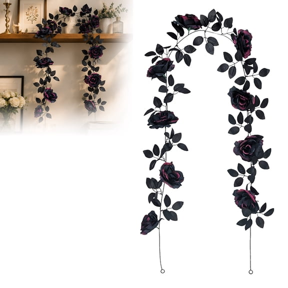 Halloween Wall Decor, Flower Decorations for Party, Black Home Decor, Artificial Flower Garland, 89 Inch Black Red Gradient Simulation Rose Leaf Rattan, Pre-Assembled Dark Rose