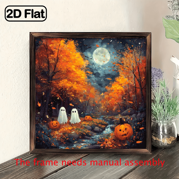 Halloween Wall Decor Sign, 8x8 Inch Framed Wooden Wall Art, Spooky Pumpkin Ghost Forest Scene, Rustic Farmhouse Halloween Home Decor for Bathroom, Entryway, Hot Tub Area, Fall Holiday Decoration Gift