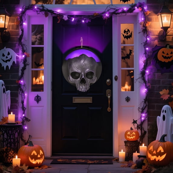 Halloween Wall Decor,Skull Decor with Purple LED Backlighting, Textured Skull Design & Round Black Base for Indoor Decor,Halloween Party,Purple