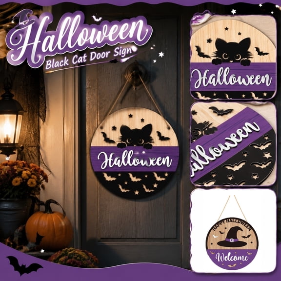 Halloween Wall Decorations, Black Cat Silhouette Spooky Welcome Design, for Indoor Halloween Scene Layout Party Decor, Festive Season Gift, Handcrafted Wooden, 12 Inch Diameter,