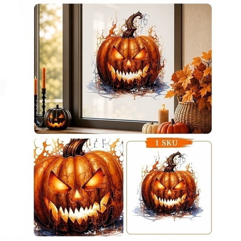 Halloween Wall Decorations, Halloween Window, Pumpkin, Halloween Clings for Windows, 12X12 Inch Watercolor Ink Splatter Spooky Face Self-Adhesive Wall Decals, Static Adhesive