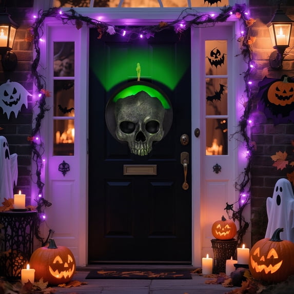 Halloween Wall - Mounted Skull Decor with Green LED Backlight, Textured Skull Design & Round Black Base for Spooky Ambiance