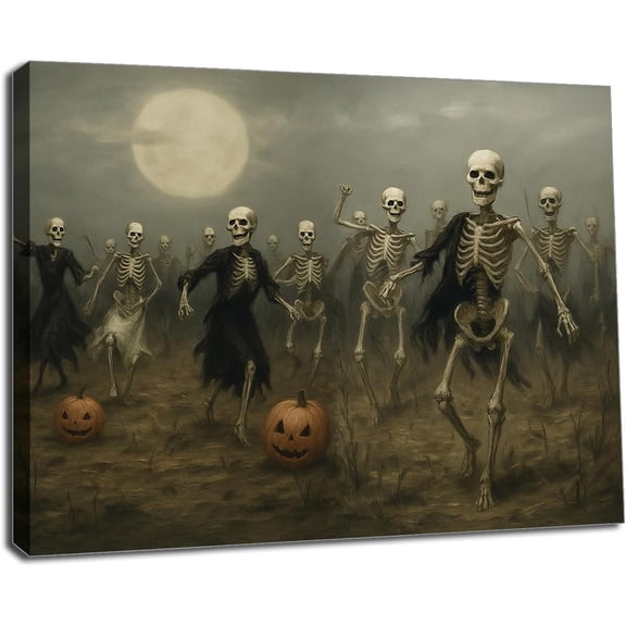 Halloween Wall Painting Skeletons Dance Poster Neutral Pumpkin Posters, Skulls Dark Gothic Canvas Wall Art Prints for Living Room Bedroom Wall Decor 12W" x 16L"Wood Framed