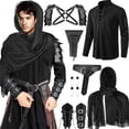 thumbnail image 1 of Halloween Warrior Outfit, Medieval Renaissance Knight Costume Set, Hooded Scarf Shoulder Armor Lace Up Shirt Belt Gauntlet Full Cosplay Outfit for Halloween Warrior Party, Black XL, 1 of 4