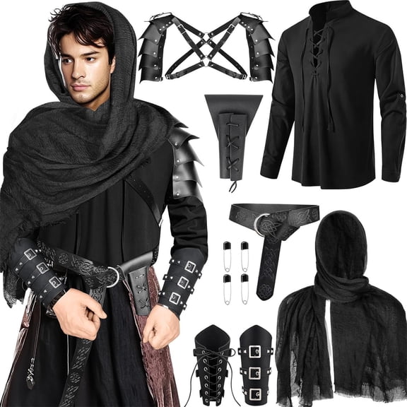 Halloween Warrior Outfit, Medieval Renaissance Knight Costume Set, Hooded Scarf Shoulder Armor Lace Up Shirt Belt Gauntlet Full Cosplay Outfit for Halloween Warrior Party, Black XL