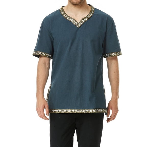 Halloween Warrior Outfit, V Neck Medieval Renaissance Tunic Top, Decorative Trim Short Sleeve Viking Peasant Cosplay Shirt for Adult Larp Halloween Party,Earth Tone Casual Historical Top, Navy XL
