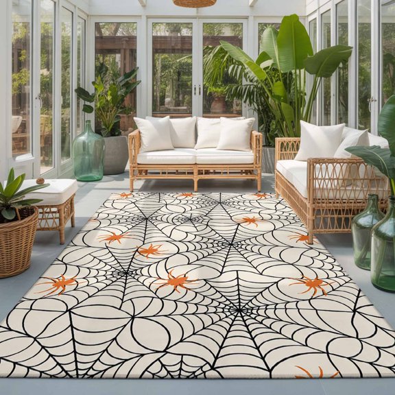 Halloween Washable Area Rugs 3'x5', Minimalist Orange Creeper Black Cobweb Horror Beige Washable Throw Living Room Rug Non-Slip Sturdy Edge Binding Carpet for Indoor Entryway Bedside Kitchen