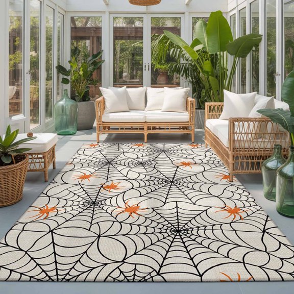 Halloween Washable Area Rugs 3'x5', Minimalist Orange Creeper Black Cobweb Horror Linen Washable Throw Living Room Rug Non-Slip Sturdy Edge Binding Carpet for Indoor Entryway Bedside Kitchen