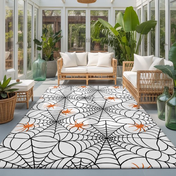 Halloween Washable Area Rugs 3'x5', Minimalist Orange Creeper Black Cobweb Horror Washable Throw Living Room Rug Non-Slip Sturdy Edge Binding Carpet for Indoor Entryway Bedside Kitchen