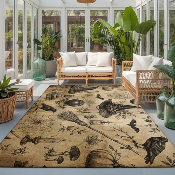 Halloween Washable Living Room Rugs 5'x8', Vintage Black Witch Hat Pumpkins Cobweb Broom Book Washable Throw Large Area Rug Non-Slip Sturdy Edge Binding Carpet for Living Area Kitchen Office