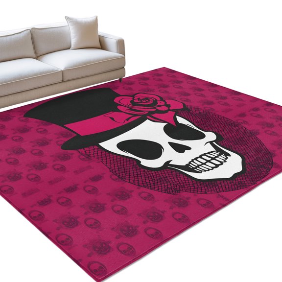 Halloween Washable Rug 3x5 Area Rug for Living Room Bedroom Non Slip Indoor Floor Rectangle Carpet Soft Large Skull Head Roses Horror Street Art Magenta Entryway Rugs for Dining Room Office Home