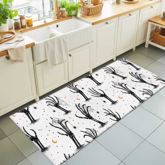 Halloween Washable Runner Rugs 2'x6', Creepy Minimalist Skeletons Zombie Hands Cobweb Moon Washable Runner Rug Non-Slip Sturdy Edge Binding Carpet for Bedside Hallway Runner Kitchen Galley