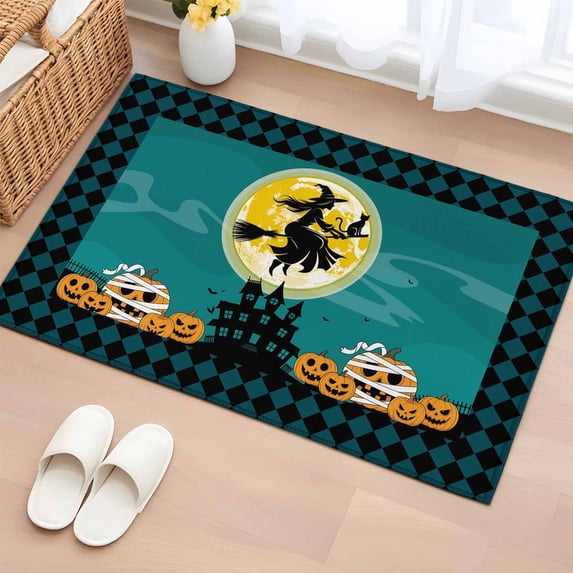Halloween Washable Small Entryway Area Rugs 2'x3', Witch Cat Castle Low Pile Throw Rug Non-Slip Sturdy Edge Binding Carpet for Front Door Floor Room Entry