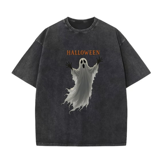 Halloween Washed Classic Ghost Festival Lettering Graphic T Shirt Tees Vintage Tops Black S-2XL Plus Size