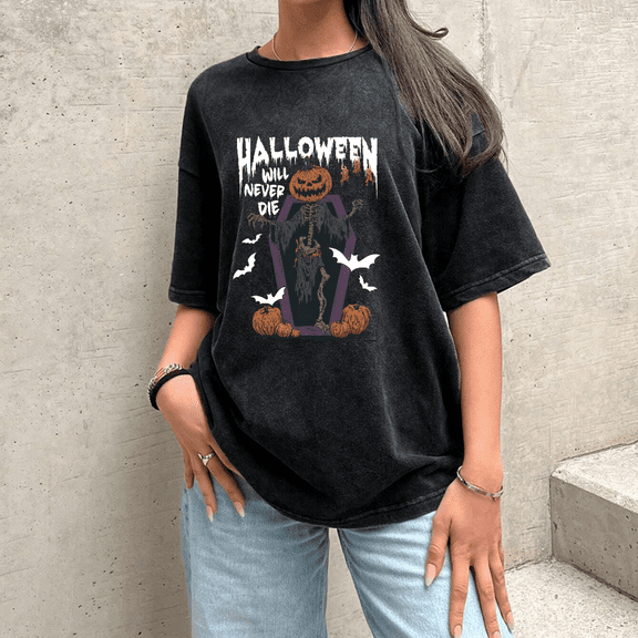Women's Halloween T-Shirt Horror Pumpkin Skull，'Halloween Never Dies' Graphic Tee, Print，Scary Party Costume Top, Fashion，cotton，black,S-2XL，Plus size