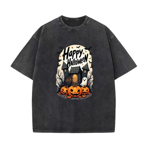 Halloween Playful Ghost Black Cat Pumpkins T Shirt Washed Vintage Graphic Tees Tops Design Black S-2XL Plus Size