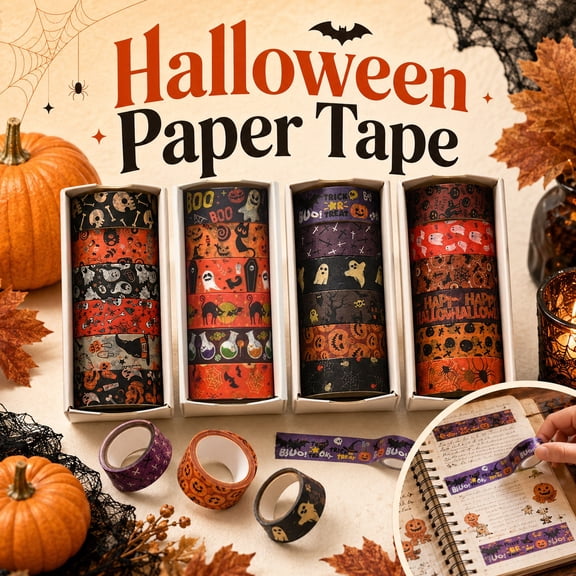 Halloween Washi Tape, 6 Rolls Cute Spooky Decorative Masking Tape 0.59" Wide, Ghost Pumpkin Spider Web Prints for Scrapbooking DIY Crafts Party Decor