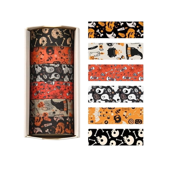 Halloween Washi Tape Set, 6 Rolls Cute Vintage Spooky Decorative Masking Tape 0.59" Wide, Skull Skeleton Tombstone Bat Patterns for Journaling Gift Wrapping Classroom Supplies