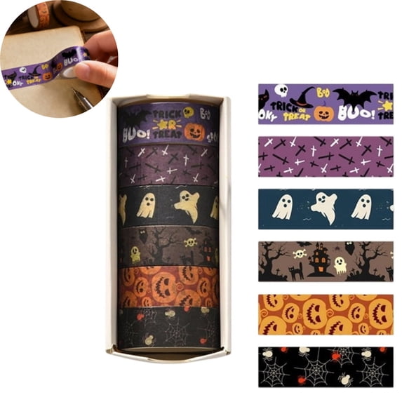 Halloween Washi Tape Set 6 Rolls, Decorative Masking Tape for Scrapbooking Journaling, Halloween Craft Tape for Party Decorations DIY Projects Gift Wrapping (A)