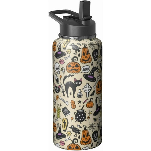 Halloween Water Bottle 32oz Pumpkin Sports Bottles with Flip Straw Halloween Gifts for Women Men Stainless Steel Cup Tumbler Spooky Gift for Adults