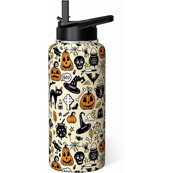 Halloween Water Bottle 32oz Pumpkin Sports Bottles with Flip Straw Halloween Gifts for Women Men Stainless Steel Cup Tumbler Spooky Gift for Adults