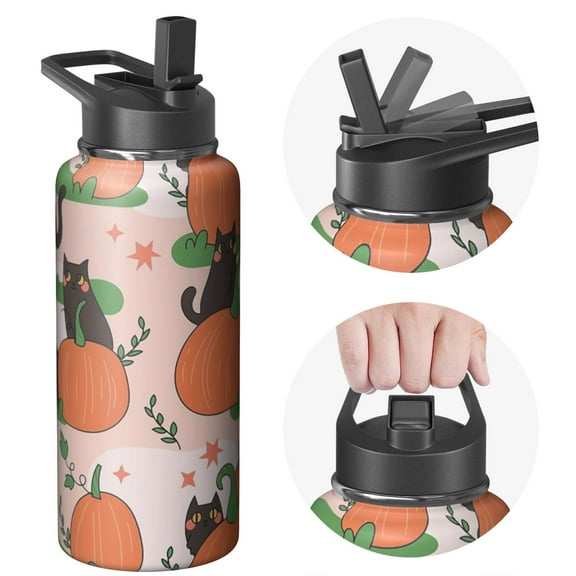 Halloween Water Bottle 32oz Witch Bat Sports Bottles with Straw Pumpkin Skull Gothic Stainless Steel Cup Tumbler Spooky Gift for Men Women Adults Teens