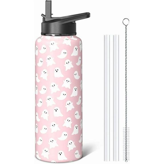 Halloween Water Bottle 40oz - Spooky Cute Ghost Design Stainless Steel with Dual Lid (Flip Straw & Spout) - Insulated Sport Travel Bottle Gift for Women & Teens