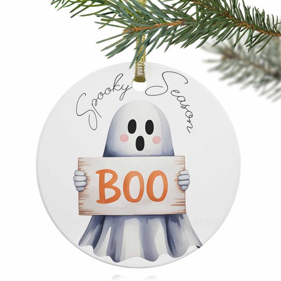 Halloween Watercolor Ghost White Christmas Ceramic Ornament 2025,3" Round Xmas Tree Hanging Accessories with Gold Ribbon,Spooky Season Pendant Ornaments for Holiday Gift Home Party Decor