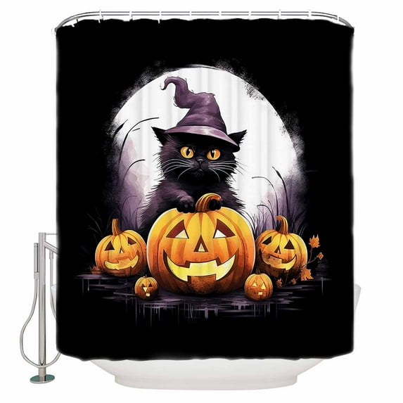 Halloween Watercolor Shower Curtain Set ，Waterproof Fabric Shower Curtains Scary Pumpkin Cat Moon Shower Curtains for Bathroom,Bathroom Decor 72"x72"