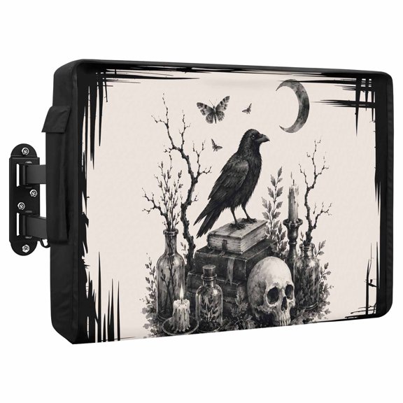 Halloween Waterproof Outdoor TV Cover, Perched Black Ravens Goth Skull Dark Academia Mystical Study Outside Weatherproof TV Enclosures for 30 to 32 Inch LCD Television Shield Flat Screen Protectors
