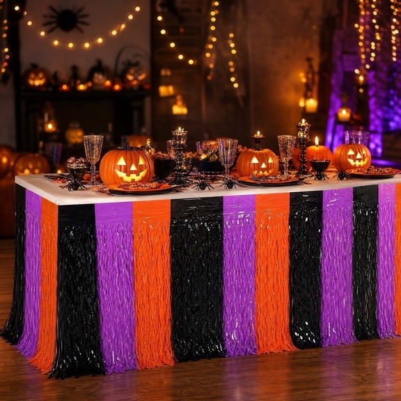 Halloween Wavy Foil Fringe Table Skirt - Metallic Table Curtain for 6ft/8ft Rectangular Tables | Easy Peel Adhesive, Tear-Resistant, Reusable for Trick or Treat, Dessert Stations, Fall Parties